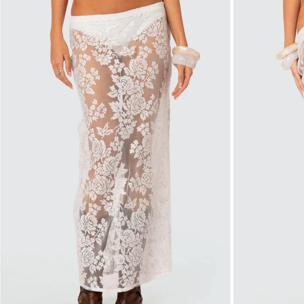Edikted Sheer White Floral Lace Maxi Skirt